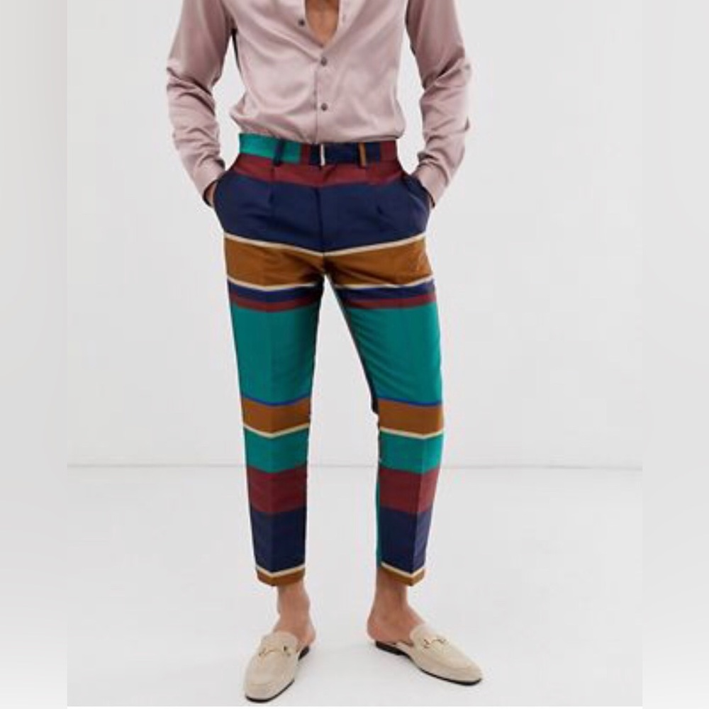 ASOS DESIGN slim crop smart pants in multi stripe with drawcord detail
